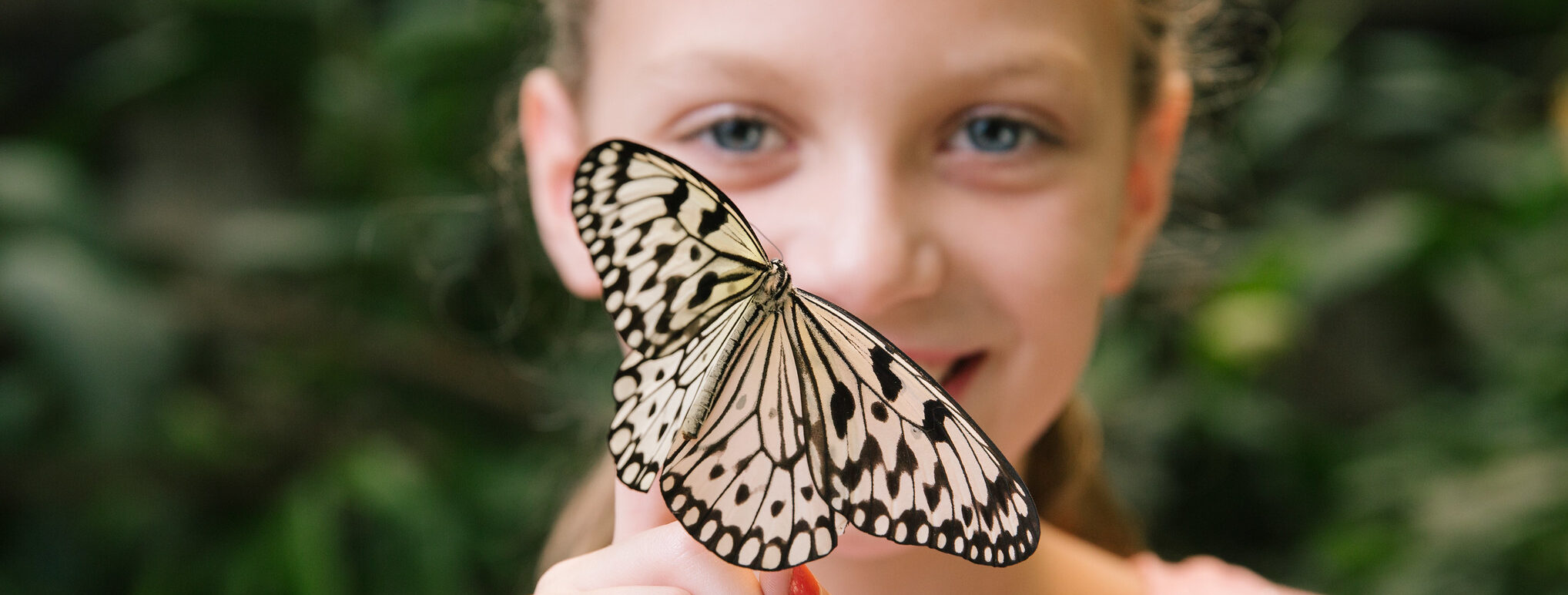 a young girl holding a butterfly up to her face
