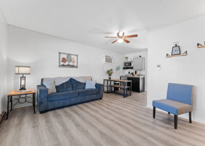 a living room filled with furniture and a ceiling fan