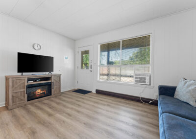 a living room with a blue couch and a flat screen tv