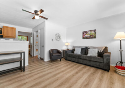 a living room filled with furniture and a hard wood floor