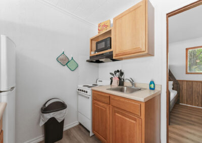 a kitchen with a sink, stove and refrigerator