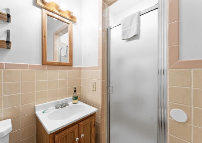 a bathroom with a sink, mirror, toilet and shower stall