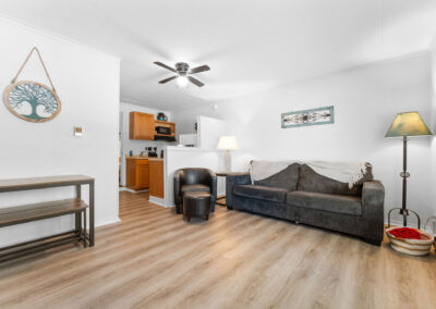 a living room filled with furniture and a ceiling fan