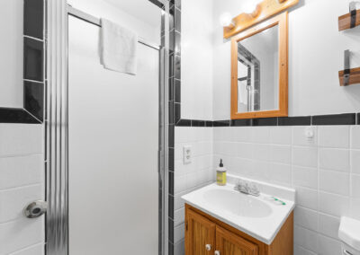 a bathroom with a sink, mirror, and shower stall