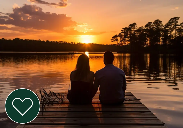 a couple sitting on a dock watching the sunset